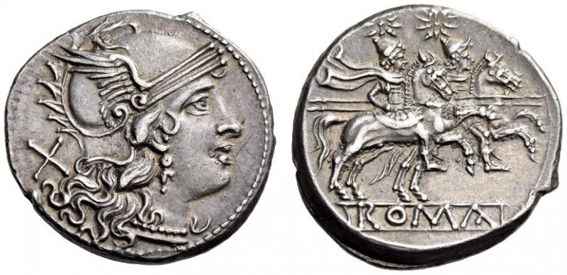 Anonymous, after 211 BC. Denarius (Silver, 20mm, 4.60 g 8), Rome. Helmeted head ...