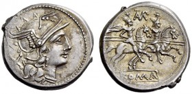 Cn. Baebius Tamphilus, 194-190 BC. Denarius (Silver, 19mm, 4.02 g 10), Rome. Helmeted head of Roma to right; behind, X. Rev. The Dioscuri galloping to...