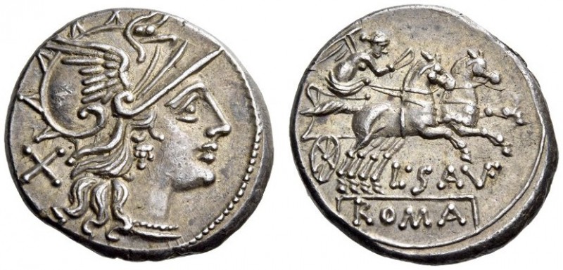 L. Saufeius, 152 BC. Denarius (Silver, 18mm, 3.96 g 4), Rome. Helmeted head of R...