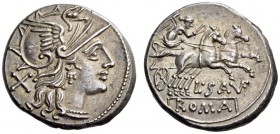 L. Saufeius, 152 BC. Denarius (Silver, 18mm, 3.96 g 4), Rome. Helmeted head of Roma to right; behind, X. Rev. ROMA Victory driving biga to right; belo...