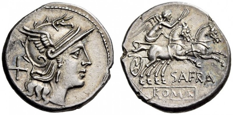 S. Afranius, 150 BC. Denarius (Silver, 18mm, 3.66 g 12), Rome. Helmeted head of ...