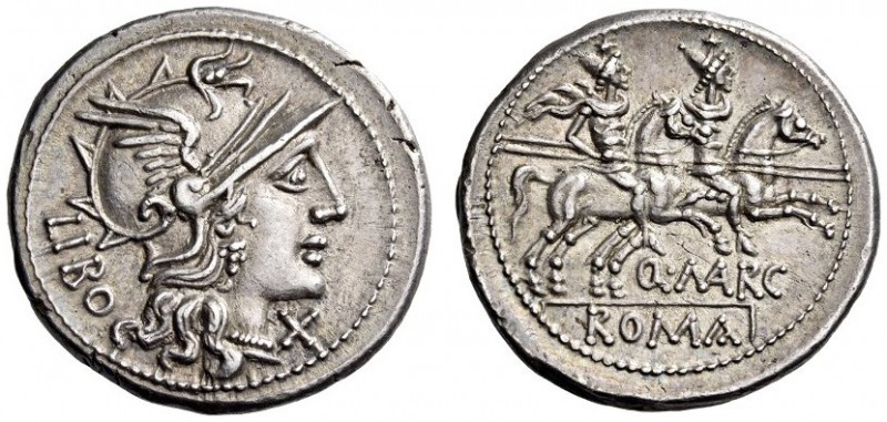 Q. Marcius Libo, 148 BC. Denarius (Silver, 20mm, 3.69 g 7), Rome. Helmeted head ...