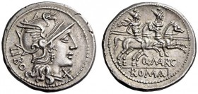Q. Marcius Libo, 148 BC. Denarius (Silver, 20mm, 3.69 g 7), Rome. Helmeted head of Roma to right; behind, LIBO; before, X. Rev. ROMA The Dioscuri gall...