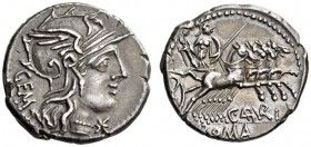 C. Aburius Geminus, 134 BC. Denarius (Silver, 18mm, 3.81 g 7), Rome. GEM Helmeted head of Roma to right; below chin, monogram of XVI. Rev. C ABVRI / R...