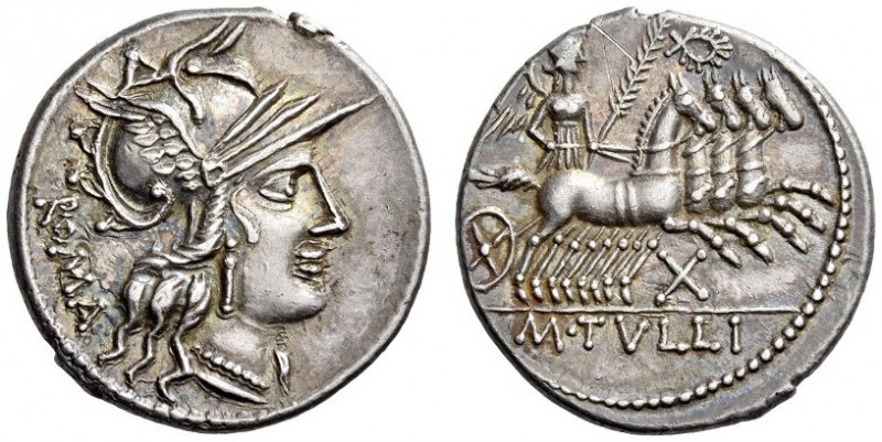 M. Tullius, 119 BC. Denarius (Silver, 20mm, 4.01 g 12), Rome. ROMA Helmeted head...