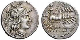 M. Tullius, 119 BC. Denarius (Silver, 20mm, 4.01 g 12), Rome. ROMA Helmeted head of Roma to right. Rev. M.TVLLI Victory driving quadriga galloping to ...