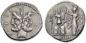 M. Furius L.f. Philus, 120 BC. Denarius (Silver, 18mm, 3.95 g 3), Rome. [M.]FOVRI.L.F. Laureate and bearded head of Janus. Rev. ROMA / PHILI Roma stan...