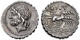 L. Cornelius Scipio Asiaticus, 106 BC. Denarius serratus (Silver, 18mm, 4.02 g 12), Rome. Laureate head of Jupiter to left. Rev. L SCIP.ASIAG Jupiter ...