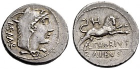 L. Thorius Balbus, 105 BC. Denarius (Silver, 20mm, 3.96 g 5), Rome. I.S.M.R Head of Juno Sospita to right, wearing goat-skin headdress. Rev. L.THORIVS...