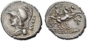 P. Servilius M.f. Rullus, 100 BC. Denarius (Silver, 20mm, 3.94 g 4), Rome. RVLLI Helmeted bust of Minerva to left, wearing aegis. Rev. P SERVIL IMP Vi...