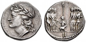 The Social War: coinage of the Marsic Confederation, 90-88 BC. Denarius (Silver, 16mm, 3.95 g 9), Corfinium, c. 90. Laureate head of Italia to left, w...