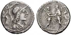 The Social War: coinage of the Marsic Confederation, 90-88 BC. Denarius (Silver, 17mm, 4.04 g 12), mint moving in Campania, 88. Helmeted and draped bu...