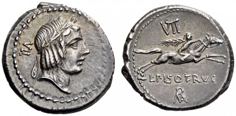 L. Calpurnius Piso Frugi, 90 BC. Denarius (Silver, 18mm, 4.01 g 3), Rome. Laurea...