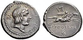 L. Calpurnius Piso Frugi, 90 BC. Denarius (Silver, 18mm, 4.01 g 3), Rome. Laureate head of Apollo to right; behind, VII. Rev. L PISO FRVG / [ROMA] (mo...