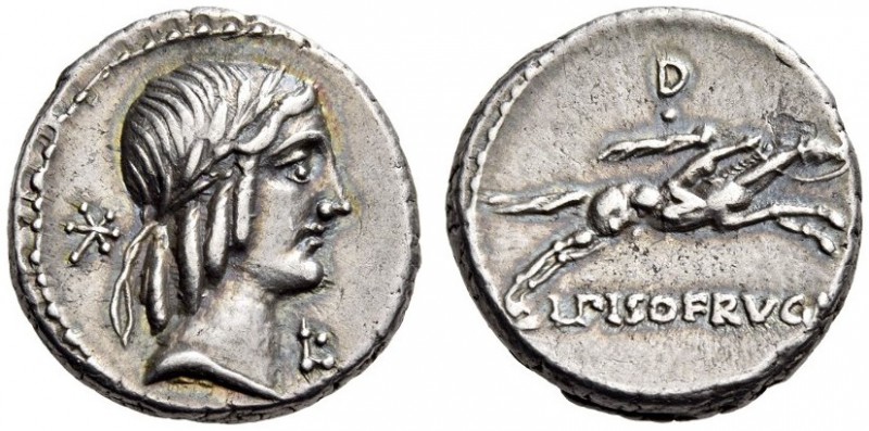 L. Calpurnius Piso Frugi, 90 BC. Denarius (Silver, 15mm, 3.76 g 7), Rome. Laurea...