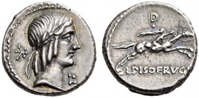 L. Calpurnius Piso Frugi, 90 BC. Denarius (Silver, 15mm, 3.76 g 7), Rome. Laureate head of Apollo to right; behind, value mark; below chin, L. Rev. L ...