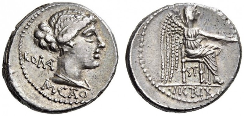 M. Porcius Cato, 89 BC. Denarius (Silver, 18mm, 4.21 g 3), Rome. ROMA / M.CATO D...