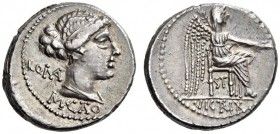 M. Porcius Cato, 89 BC. Denarius (Silver, 18mm, 4.21 g 3), Rome. ROMA / M.CATO Diademed and draped female bust to right. Rev. VICTRIX Victory seated r...