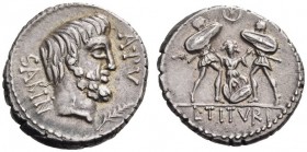 L. Titurius L.f. Sabinus, 89 BC. Denarius (Silver, 18mm, 4.04 g 7), Rome. SABIN A.PV Bare-headed and bearded head of King Titus Tatius to right; below...