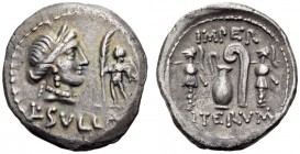 L. Cornelius Sulla Felix, 84-83 BC. Denarius (Silver, 20mm, 3.82 g 1), mint moving with Sulla in Asia or Greece. L SVLLA Diademed head of Venus to rig...