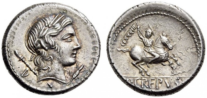 P. Crepusius, 82 BC. Denarius (Silver, 17mm, 4.00 g 12), Rome. Laureate head of ...