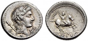 P. Crepusius, 82 BC. Denarius (Silver, 17mm, 4.00 g 12), Rome. Laureate head of Apollo to right, with scepter on far shoulder; below chin, lizard; beh...
