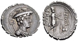 C. Mamilius Limetanus, 82 BC. Denarius Serratus (Silver, 21mm, 3.81 g 9), Rome. Draped bust of Mercury to right, wearing winged petasos and with caduc...