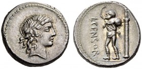 L. Marcius Censorinus, 82 BC. Denarius (Silver, 16mm, 4.37 g 10), Rome. Laureate head of Apollo to right. Rev. L CENSOR Marsyas, bald-headed, walking ...