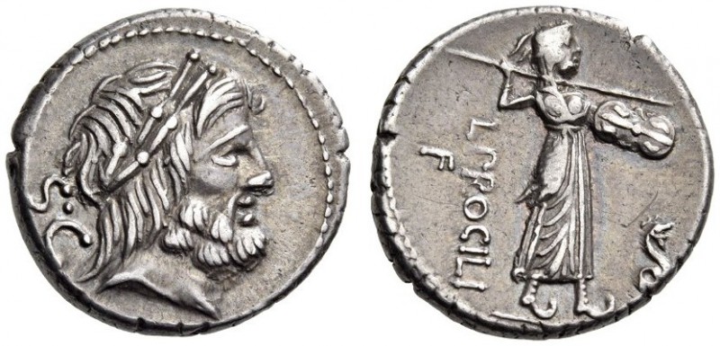L. Procilius, 80 BC. Denarius (Silver, 17mm, 4.13 g 2), Rome. S.C Laureate head ...
