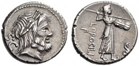 L. Procilius, 80 BC. Denarius (Silver, 17mm, 4.13 g 2), Rome. S.C Laureate head of Jupiter to right. Rev. L.PROCILI F Juno Sospita walking right, wear...