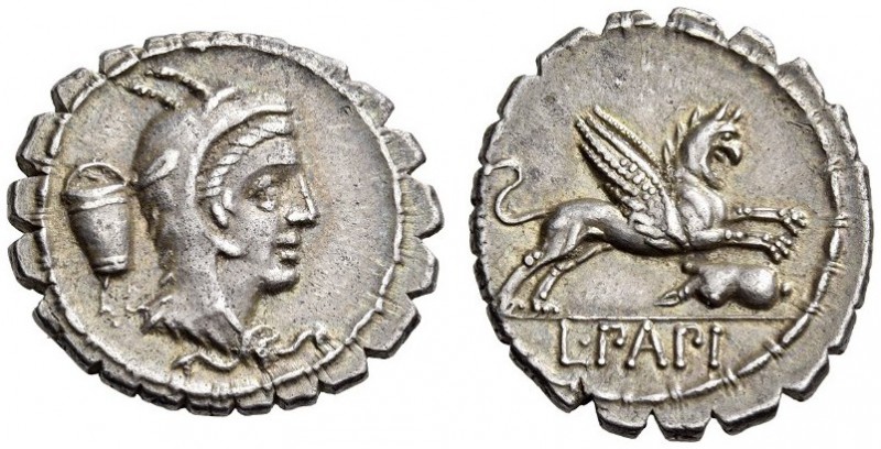 L. Papius, 79 BC. Denarius serratus (Silver, 19mm, 3.83 g 9), Rome. Head of Juno...