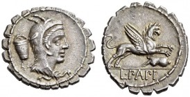 L. Papius, 79 BC. Denarius serratus (Silver, 19mm, 3.83 g 9), Rome. Head of Juno Sospita to right, wearing goat skin headdress; behind, cooking pot. R...