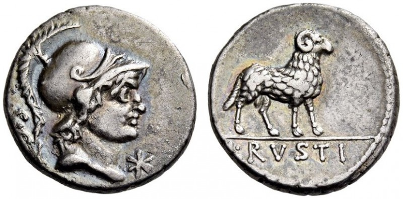 L. Rustius, 74 BC. denarius (Silver, 17mm, 3.87 g 7), Rome. S.C Helmeted head of...