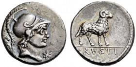 L. Rustius, 74 BC. denarius (Silver, 17mm, 3.87 g 7), Rome. S.C Helmeted head of Minerva to right; below chin, value mark. Rev. L.RVSTI Ram standing r...