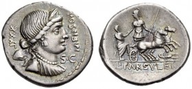 L. Farsuleius Mensor, 76 BC. Denarius (Silver, 19mm, 3.86 g 6), Rome. S.C - MENSOR / XXXI Diademed and draped bust of Libertas to right, wearing pearl...