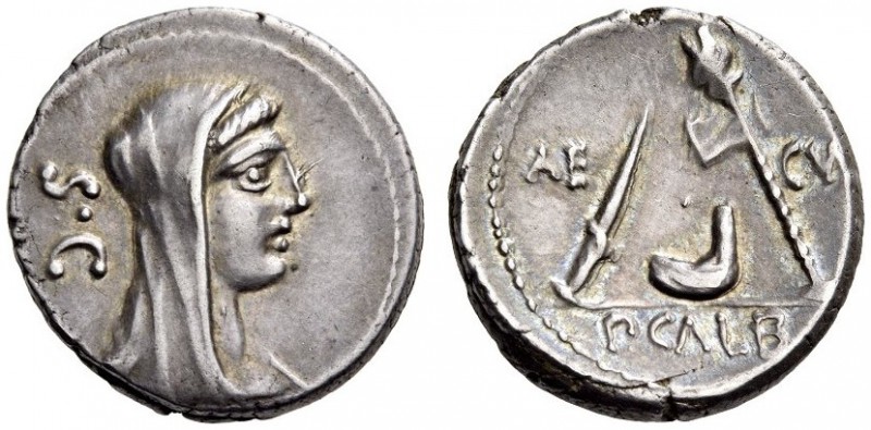 P. Galba, 69 BC. Denarius (Silver, 16mm, 3.43 g 6), Rome. S.C Veiled and draped ...