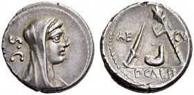 P. Galba, 69 BC. Denarius (Silver, 16mm, 3.43 g 6), Rome. S.C Veiled and draped bust of Vesta to right. Rev. AE - CVR / P.GALB Knife, culullus and axe...