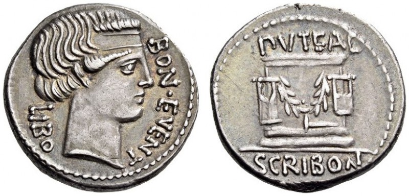 L. Scribonius Libo, 62 BC. Denarius (Silver, 19mm, 3.97 g 6), Rome. BON EVENT / ...