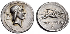 C. Piso L.f. Frugi, 61 BC. Denarius (Silver, 18mm, 3.78 g 7), Rome. Head of Apollo to right, his hair bound with a taenia; behind, pellet-topped pyram...