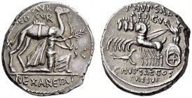 M. Aemilius Scaurus and Pub. Plautius Hypsaeus, 58 BC. Denarius (Silver, 18mm, 4.00 g 6), Rome. M.SCAVR / AED.CVR // EX-SC / REX ARETAS Male figure kn...