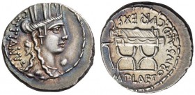 M. Plaetorius M.f. Cestianus, 57 BC. Denarius (Silver, 18mm, 3.88 g 5), Rome. CESTIANVS Head of Cybele to right; behind, forepart of lion; before, glo...