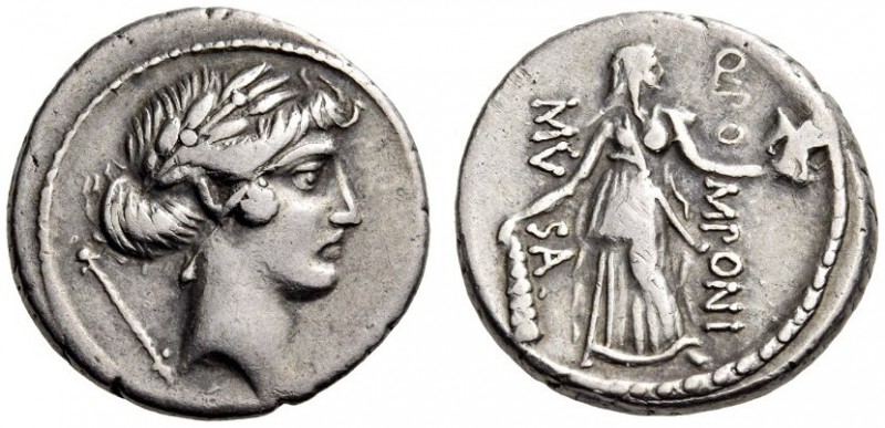 Q. Pomponius Musa, 56 BC. Denarius (Silver, 16mm, 4.11 g 5), Rome. Laureate head...