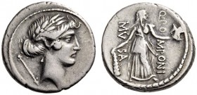 Q. Pomponius Musa, 56 BC. Denarius (Silver, 16mm, 4.11 g 5), Rome. Laureate head of Apollo to right; behind, scepter. Rev. Q.POMPONI MVSA Melpomene, M...