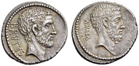 M. Junius Brutus, 54 BC. Denarius (Silver, 19mm, 3.61 g 3), Rome. BRVTVS Bearded head of L. Junius Brutus (Cos 509) to right. Rev. AHALA Bearded head ...