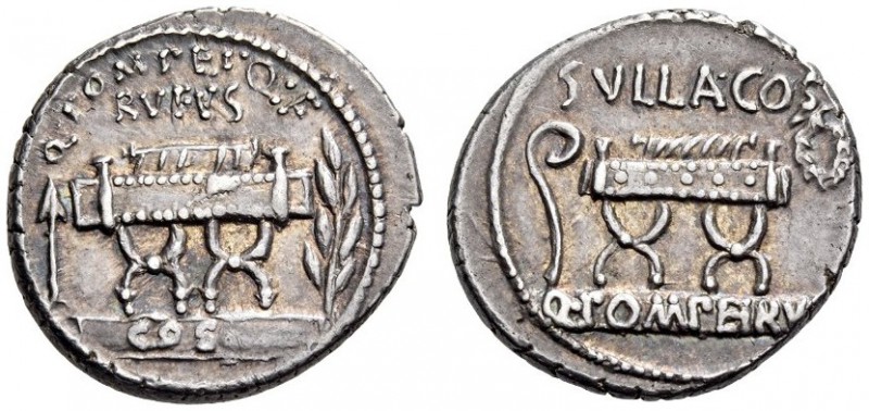 Q. Pompeius Rufus, 54 BC. Denarius (Silver, 19mm, 3.97 g 9), Rome. Q.POMPEI.Q.F ...