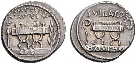 Q. Pompeius Rufus, 54 BC. Denarius (Silver, 19mm, 3.97 g 9), Rome. Q.POMPEI.Q.F / RVFVS Curule chair flanked by an arrow, on the left, and a laurel br...