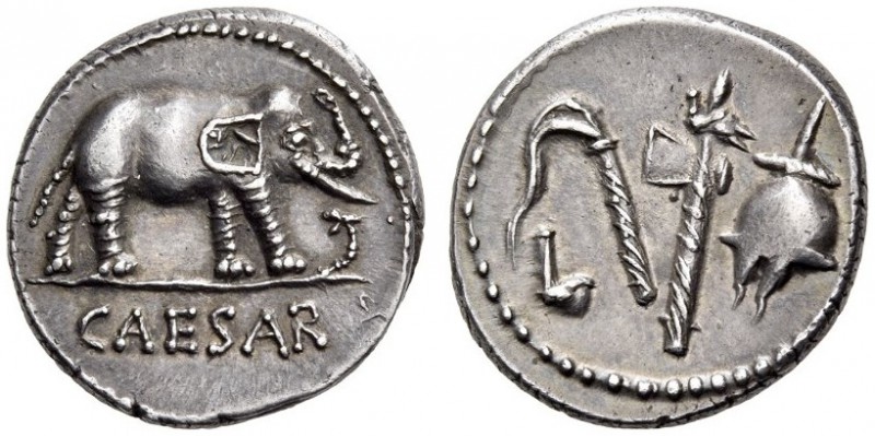 Julius Caesar, 49-48 BC. Denarius (Silver, 16mm, 3.58 g 11), mint moving with Ca...