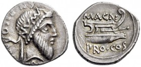 Cnaeus Pompeius Magnus (Pompey the Great), 48 BC. Denarius (Silver, 17mm, 3.89 g 6), uncertain Greek mint. CN PISO PRO Q Head of Numa Pompilius to rig...