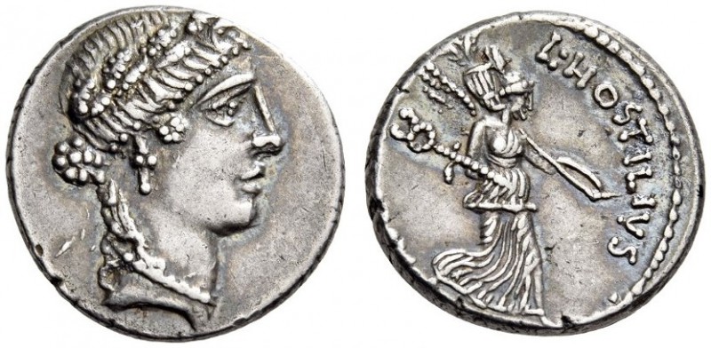 L. Hostilius Saserna, 48 BC. Denarius (Silver, 17mm, 3.78 g 5), Rome. Female hea...