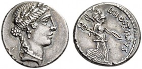 L. Hostilius Saserna, 48 BC. Denarius (Silver, 17mm, 3.78 g 5), Rome. Female head to right, wearing oak wreath, diadem, pendant earring and pearl neck...